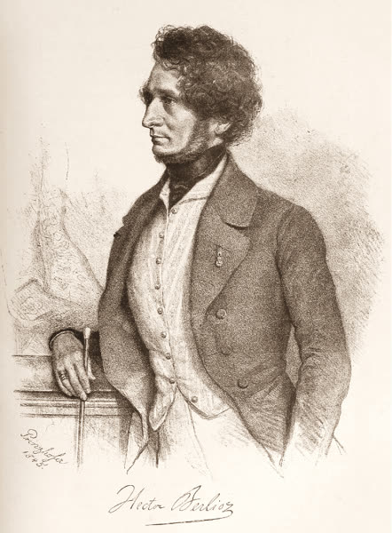 1845 lithograph of Hector Berlioz by August Prinzhofer, showing the composer with a mane of wild hair, standing with his arms folded