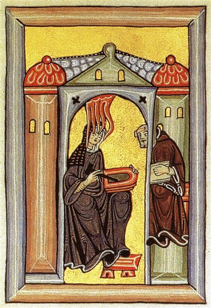 Medieval illumination of Hildegard von Bingen receiving a vision and dictating to the monk Volmar, from a 12th-century Scivias manuscript - a stylized devotional image, not a portrait from life