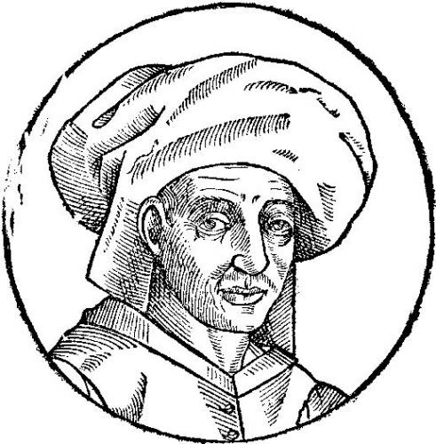 Woodcut portrait of Josquin des Prez in a cap, from a 1611 book, believed to be copied from a lost painting