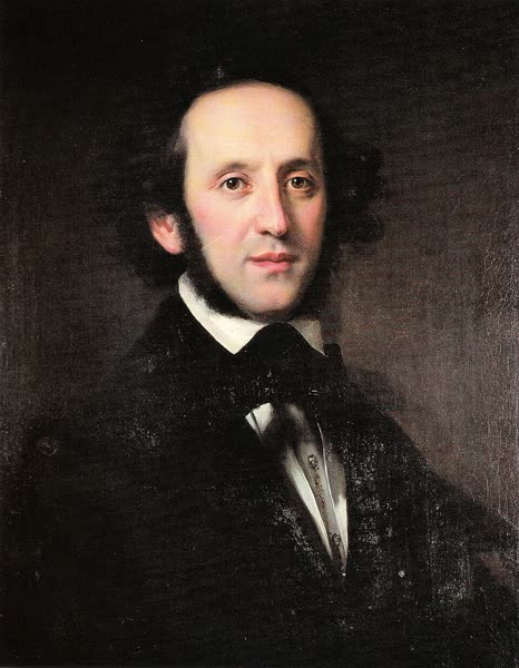Oil portrait of Felix Mendelssohn by Eduard Magnus, showing the young composer with dark curly hair and a high white collar