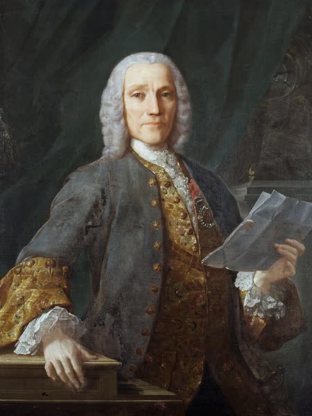 Painted portrait of Domenico Scarlatti in a white wig and gold-embroidered coat, holding a sheet of music