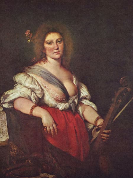 Baroque painting of a young woman with flowers in her hair and a loose white blouse, holding a viola da gamba and bow, believed to be Barbara Strozzi