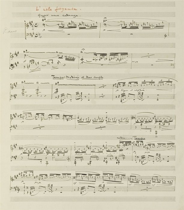 Debussy's autograph manuscript for the piano piece L'Isle joyeuse, with the title in red ink and flowing handwritten notation
