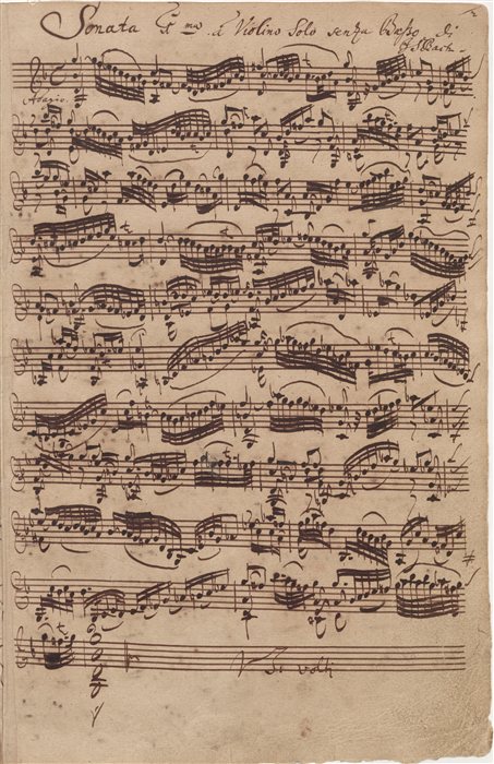 The opening page of Bach's autograph manuscript for the Sonata No. 1 in G minor for solo violin, BWV 1001, dated 1720