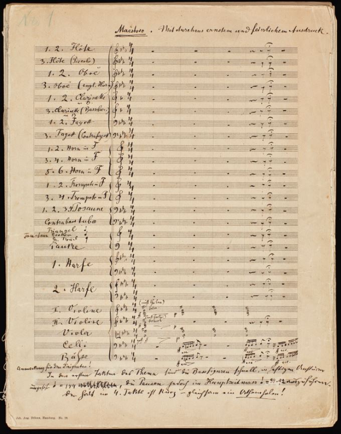The first page of Mahler's autograph manuscript for Symphony No. 2, listing dozens of labeled orchestral staves from piccolo down to double basses
