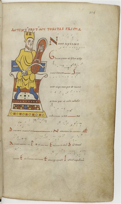 An illuminated page from an 11th-century tonary showing King David playing a vielle above rows of neumatic chant notation