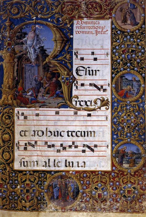 An illuminated Easter choirbook page from the Piccolomini Library, Siena Cathedral, showing gold-leaf borders, painted Resurrection scenes, and square musical notation on red staff lines