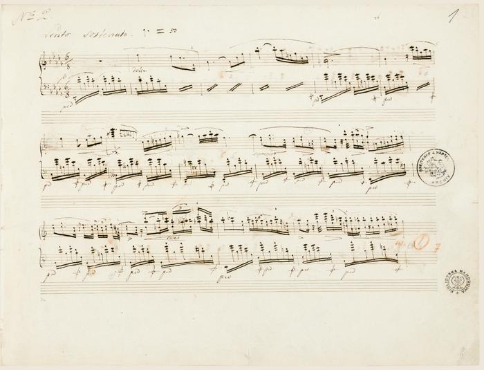Chopin's autograph manuscript for the Nocturne Op. 27 No. 2, showing his flowing handwriting and a Breitkopf & Härtel archive stamp