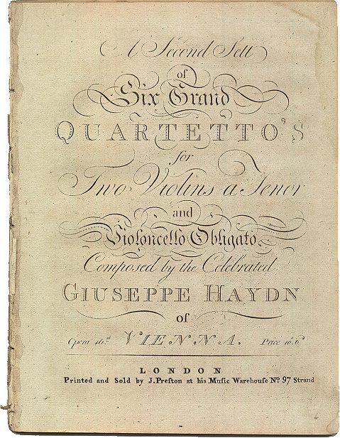 The 1782 London title page for a set of Haydn string quartets, naming the instrumentation: two violins, tenor (viola), and violoncello obligato