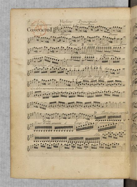 The 1725 first-edition first page of Vivaldi's 'Spring' concerto from The Four Seasons, headed 'Concerto I' and 'Violino Principale'