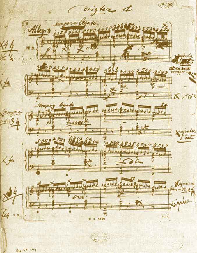 Chopin's own manuscript for the Etude Op. 10 No. 2, marked 'Allegro sempre legato' with fingering numbers over every note