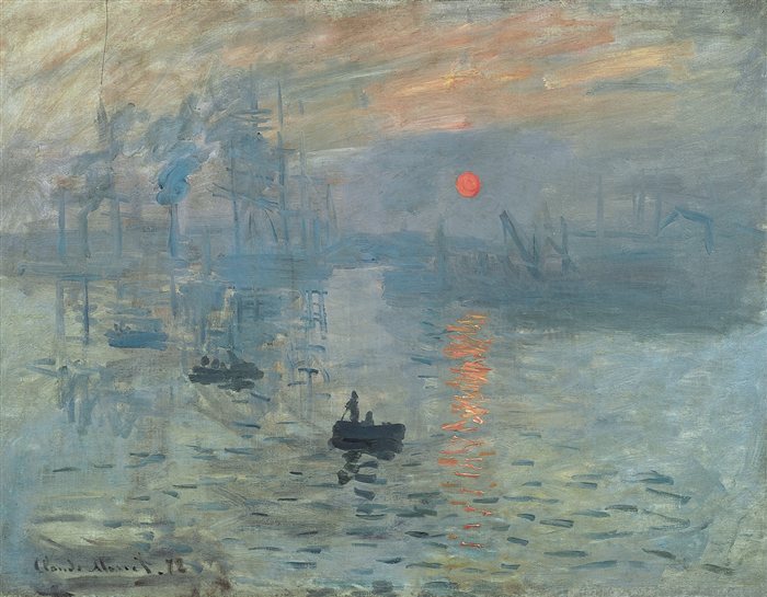 Claude Monet's painting Impression, Sunrise (1872), showing a hazy harbor at dawn in loose brushstrokes