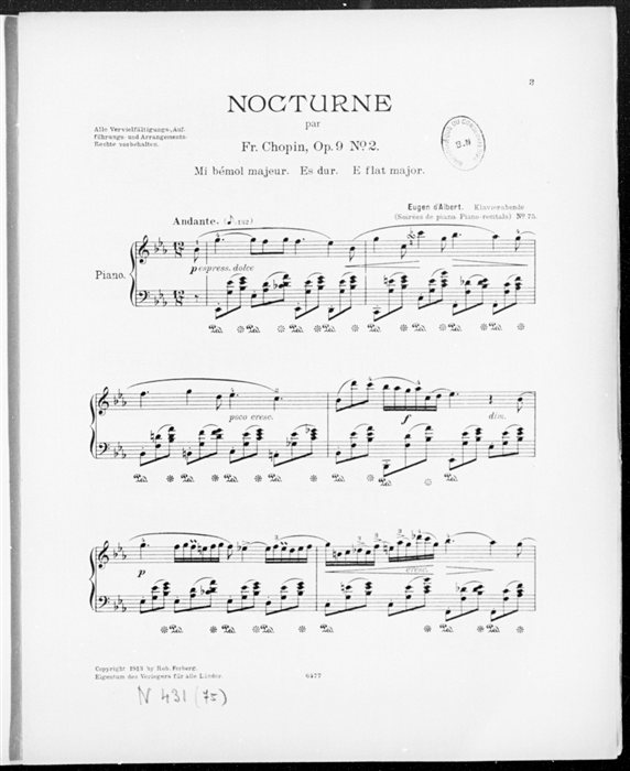A 1913 printed edition of Chopin's Nocturne Op. 9 No. 2 in E-flat major, with a Bibliothèque du Conservatoire stamp