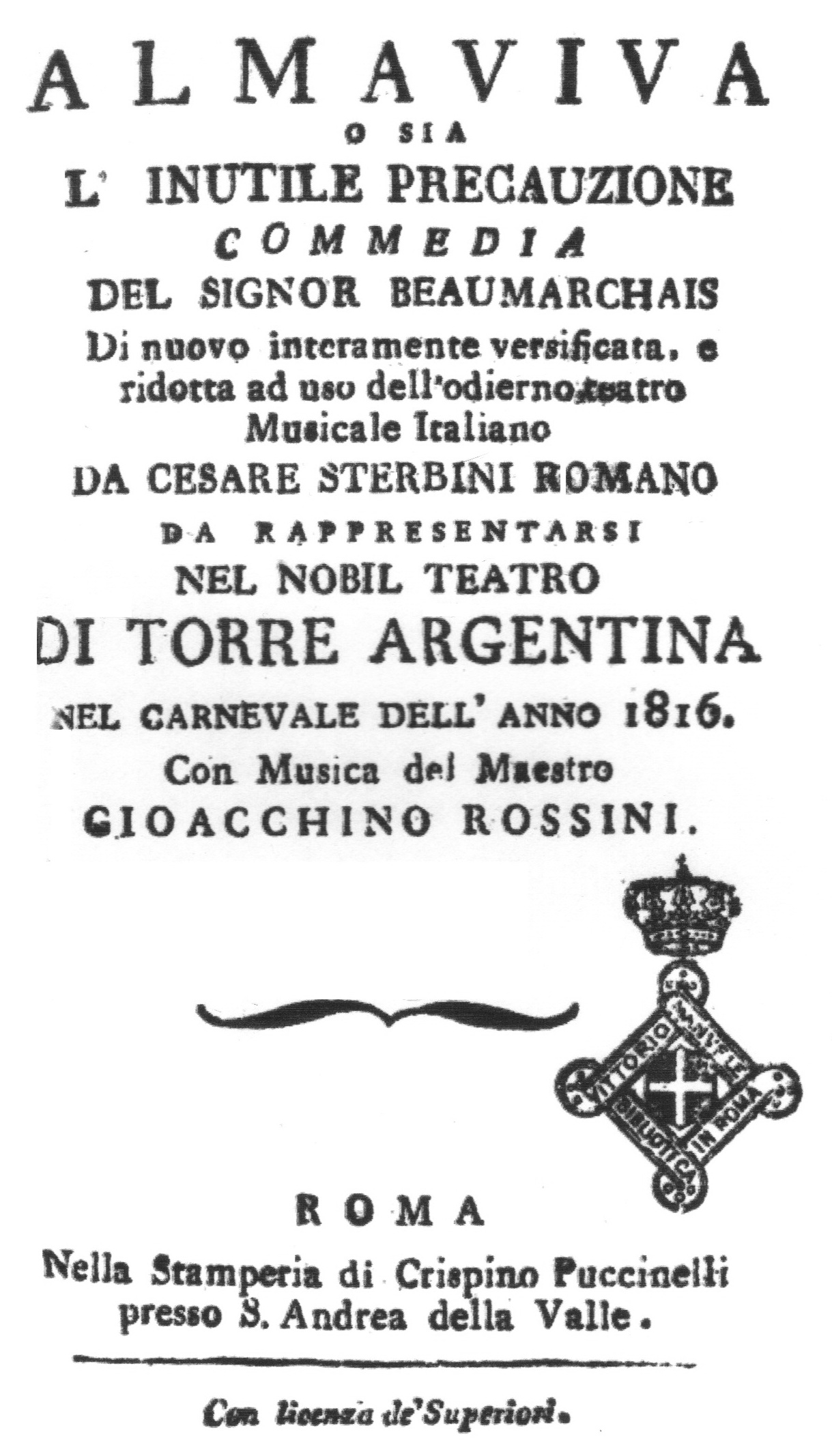 The 1816 title page of the original 'Almaviva' libretto for Rossini's The Barber of Seville, naming 'Gioacchino Rossini' as composer