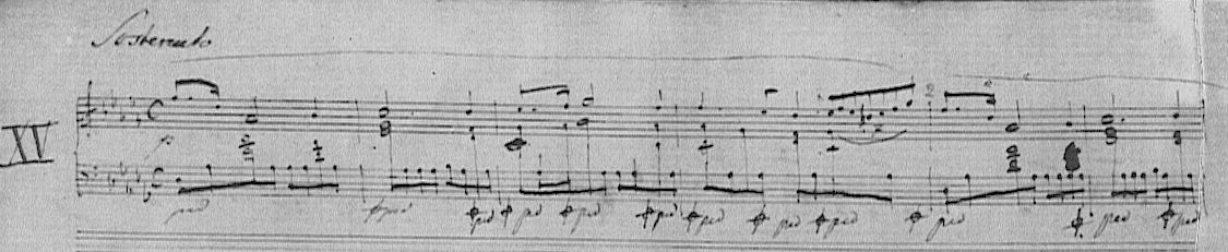 The opening line of Chopin's autograph manuscript for the 'Raindrop' Prelude, Op. 28 No. 15, marked 'Sostenuto'