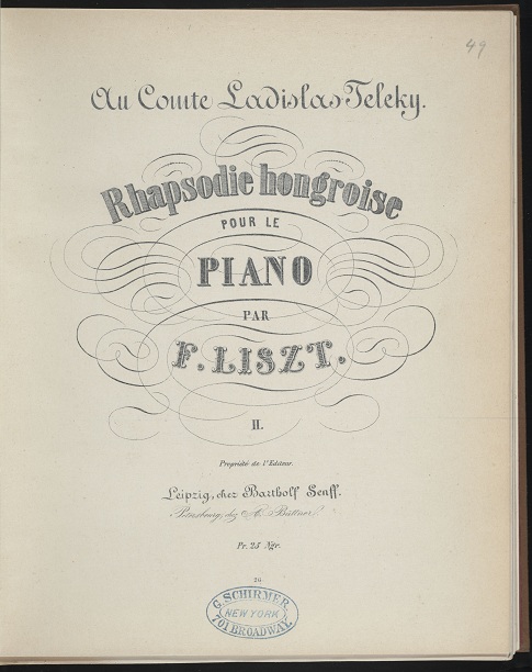 The ornate 1851 first-edition title page of Liszt's 'Rhapsodie hongroise' (Hungarian Rhapsody) for piano