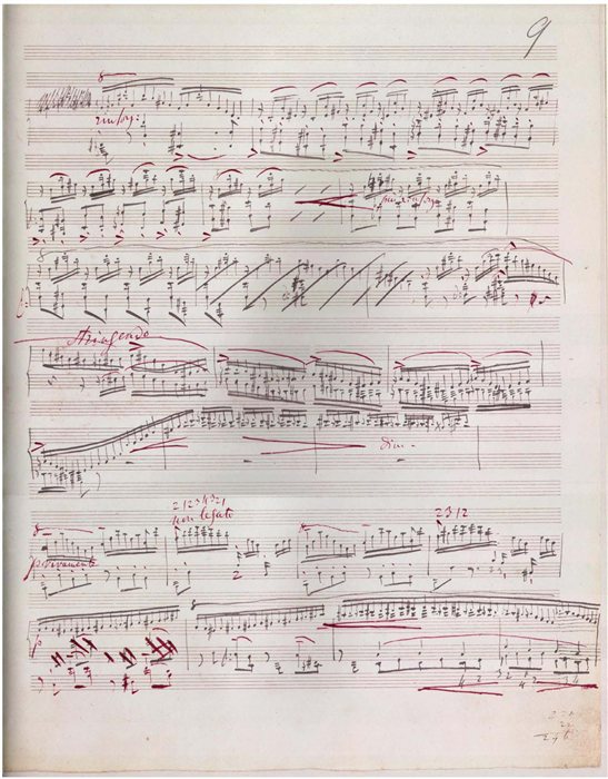 A densely marked page from Liszt's autograph manuscript for the Sonata in B minor, with red-ink performance annotations