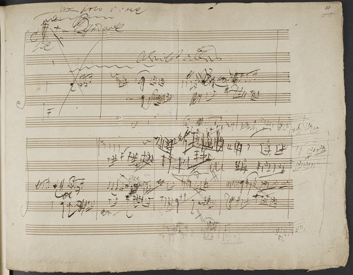 A heavily revised page of Beethoven's autograph sketches for the String Quartet Op. 131, with crossed-out passages