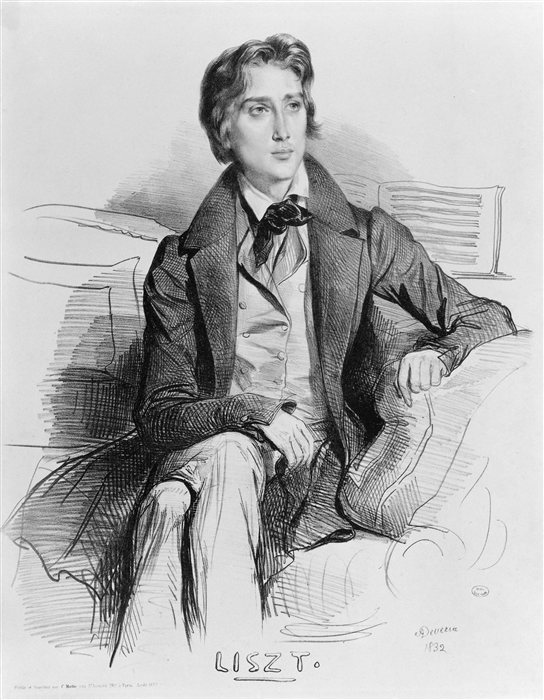 An 1832 lithograph portrait of a young Franz Liszt, seated, with sheet music visible behind him