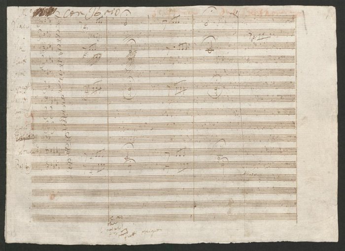 A page from Beethoven's autograph manuscript for Symphony No. 5, marked 'con brio' in his own hand