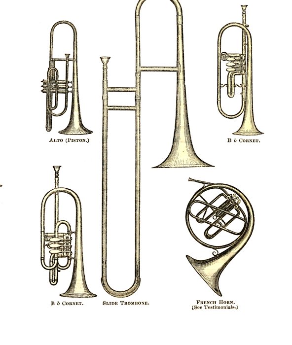 An 1869 trade catalogue illustration showing a cornet, slide trombone, and French horn side by side