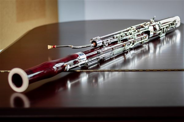 A bassoon resting on a table