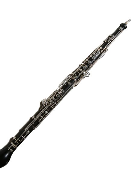 An English horn (cor anglais), a long black double-reed instrument with silver keys and a bulb-shaped bell