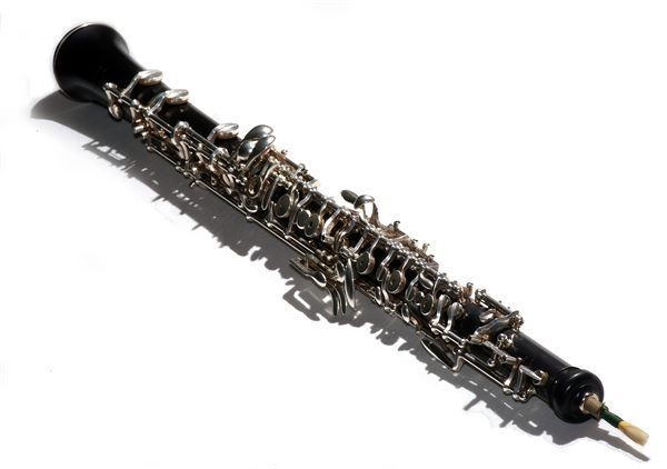 A modern oboe with reed attached